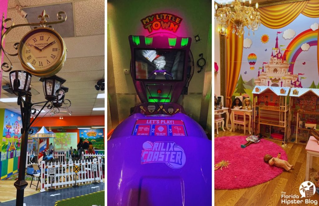 Virtual roller coaster, old ashioned clock and lamp play area and doll and princess room at My Little Town in Orlando Florida. Keep reading to find out all you need to know about Orlando birthday celebrations.