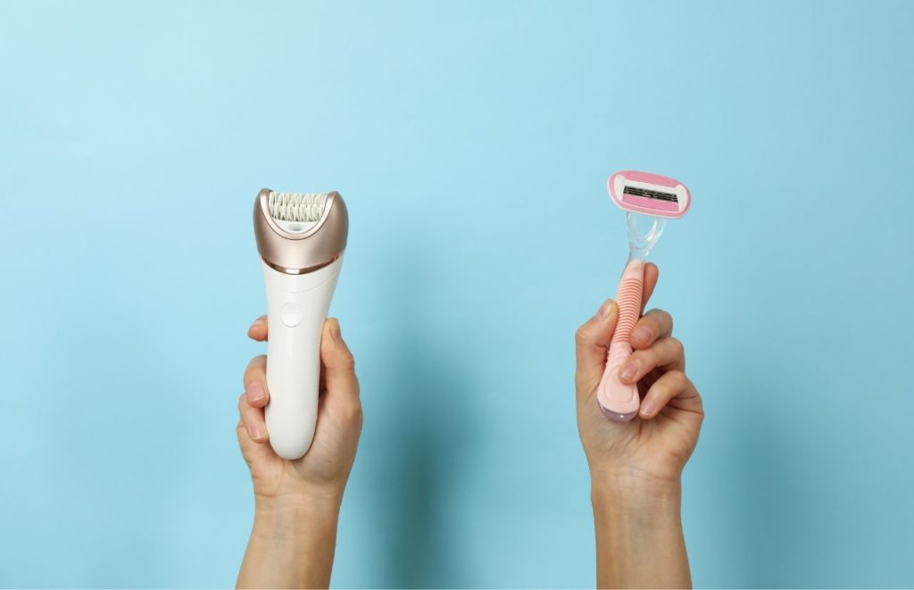 Can carry-on a shaving razor with gold and white electric shaver next to pink one