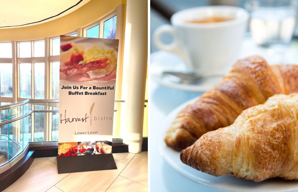 Harvest Bistro at Signia Hotel sign for a bountiful buffet breakfast and a photo of croissants and coffee.  
Keep reading to learn more about the best breakfast buffet in Orlando. 