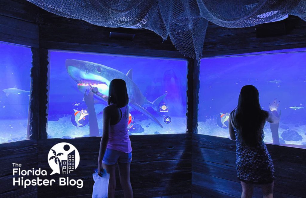 Sealife Aquarium with teenagers looking into the big glass viewing tanks.  Keep reading to discover the best things to do in Orlando for your birthday.