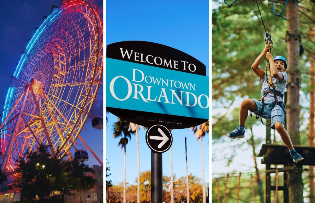 Best Things To Do In Orlando For Teenagers with kid on zip line next to ferris wheel at Icon Park