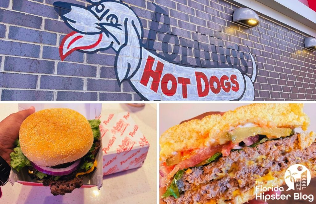 Portillo’s Burgers Orlando Florida exterior sign and double cheeseburger. Keep reading to see what are the best places to get lunch in Orlando.