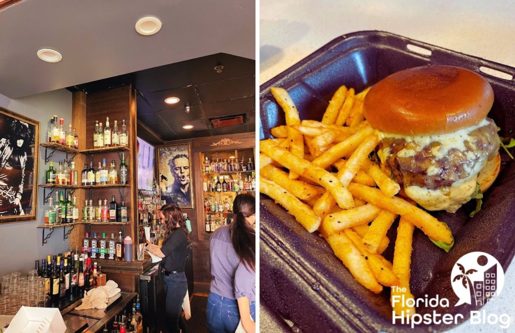 The Whiskey Burger Orlando bar area with mushroom burger. Keep reading to learn about the best burger in Orlando.