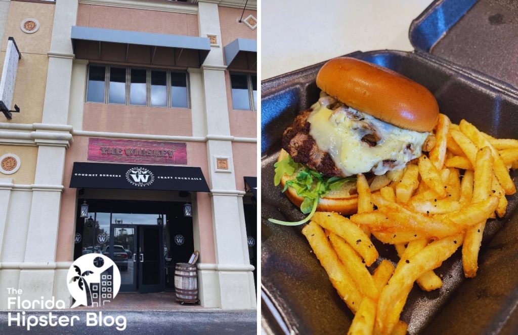 The Whiskey Burger Orlando with fries. Keep reading to learn about the best burger in Orlando.