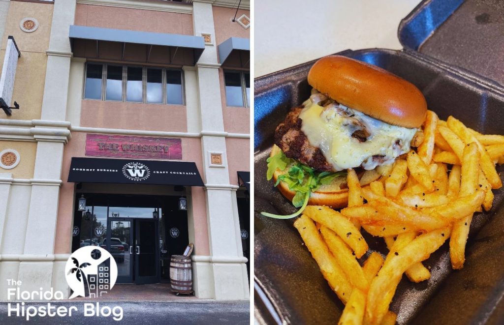 The Whiskey exterior and Burge Orlando with fries. Keep reading to find out more about the best wings in Orlando. 