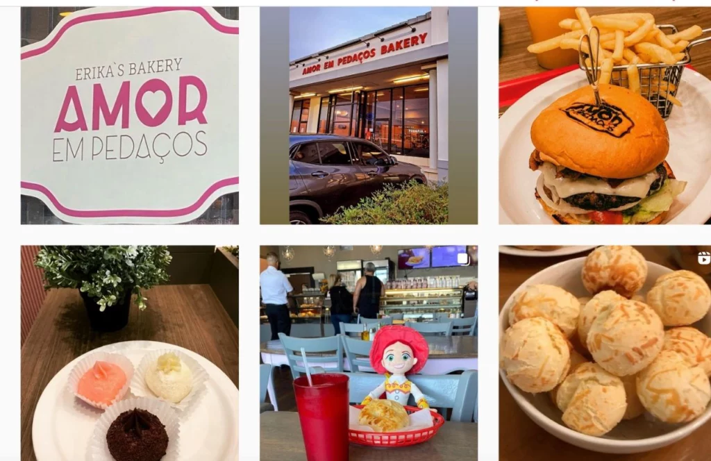A collage of photos from Amor Em Pedacos, including the sign, exterior and shot of food on the table. Food pictured includes a hamburger and small desserts. Keep reading to see what are the best places to get breakfast on International Drive in Orlando Florida.