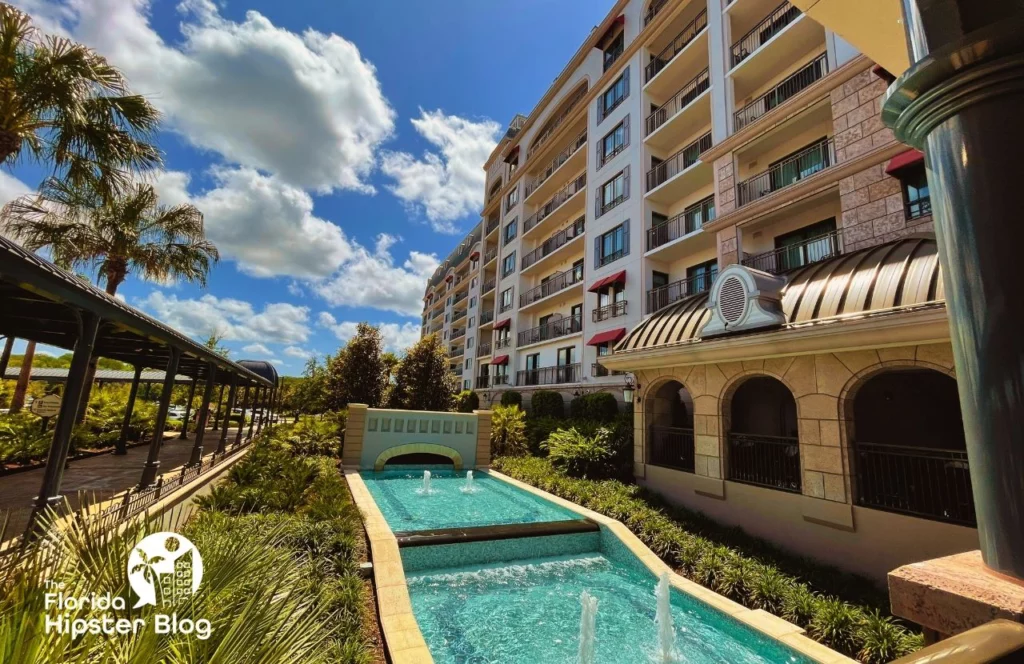 A fountain sits outside of Disney's Riviera Resort in Orlando Florida. Keep reading for more options for where to stay in Orlando Florida.