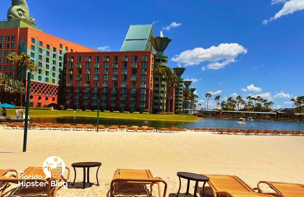 The beach area at the Walt Disney Swan and Dolphin Resort in Orlando, Florida. Keep reading for more options for where to stay in Orlando, Florida. 