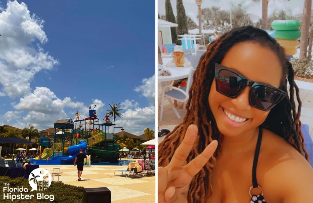 Two pictures of the Encore Resort at Reunion in Orlando Florida sit side by side. One shows the slides at the splash park. The other shows a woman in sunglasses holding up a peace sign at the pool area. Keep reading for more options for where to stay in Orlando Florida. 