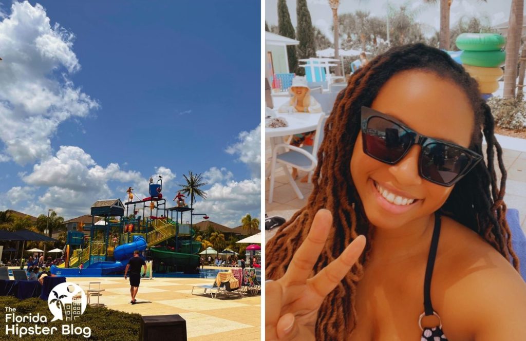 NikkyJ having fun relaxing at the pool at Encore Resort at Reunion a vacation home rental hotel in Orlando near Disney World and a photo of the water park. Keep reading to get the full guide on the best places to celebrate birthday in Orlando.