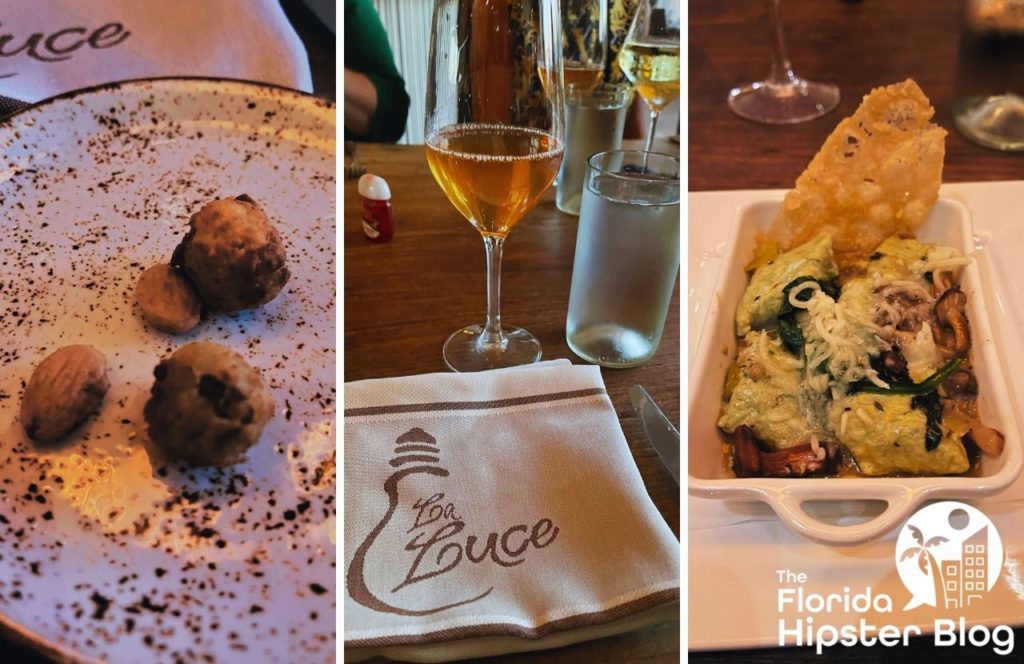 A collage of the food options at La Luce at Signia by Hilton Orlando Bonnet Creek in Orlando, Florida features Olive Fritte and a glass of wine. Keep reading for more on the best restaurants in Orlando, Florida. 