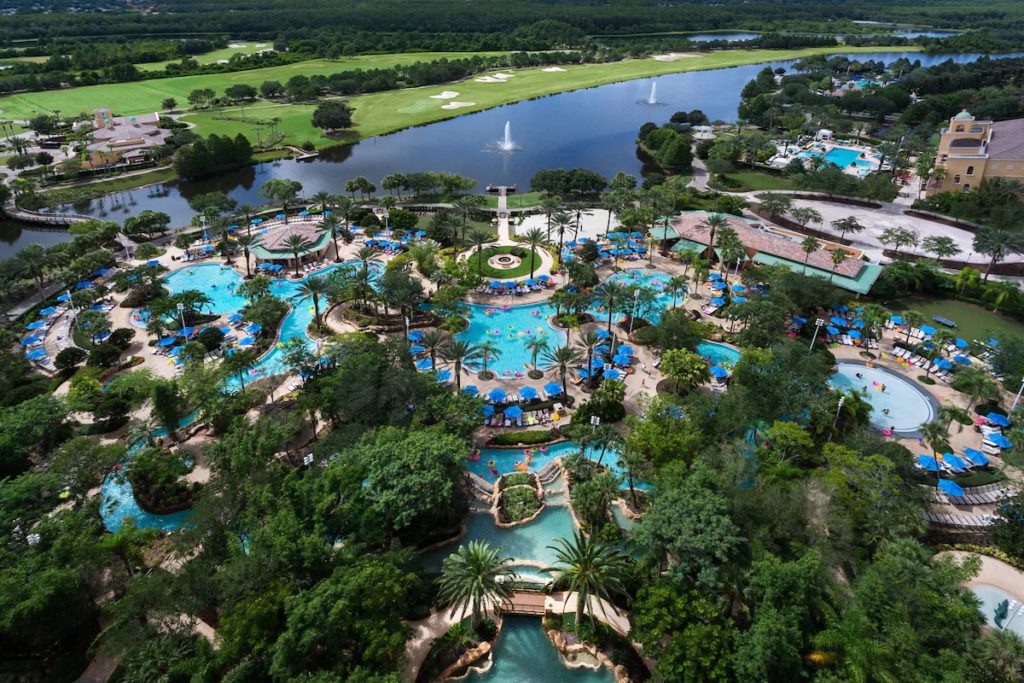 Exterior of the JW Marriott Orlando, Grande Lakes in Orlando, Florida features a massive pool and lazy river. Keep reading for more options for where to stay in Orlando, Florida.