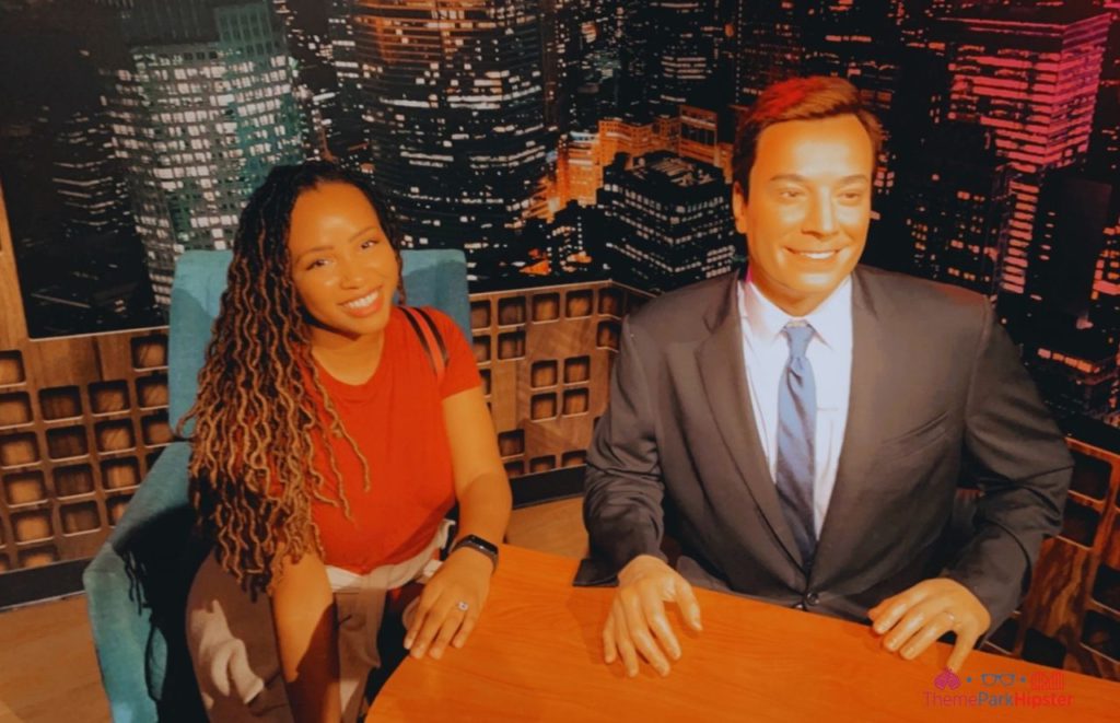 NikkyJ enjoying the Madame Tussauds Museum in Orlando at Icon Park with wax character of Jimmy Fallon. Keep reading to find out all about Orlando nightlife.