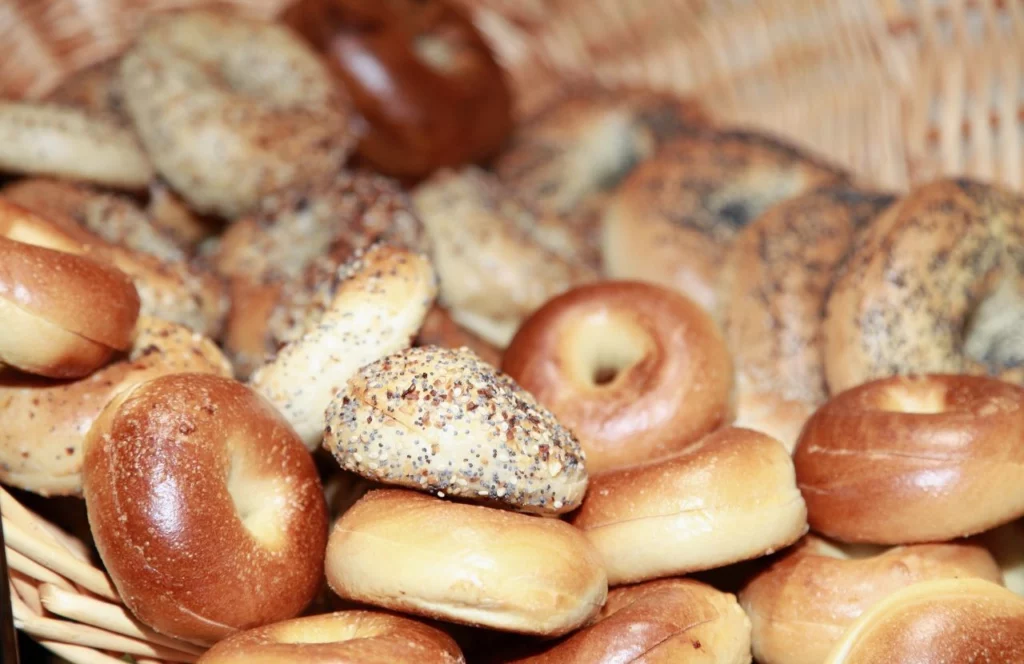 A pile of sliced bagels sit in a basket at NY Bagel & Deli in Orlando, Florida. Keep reading to see what are the best places to get breakfast on International Drive in Orlando, Florida.