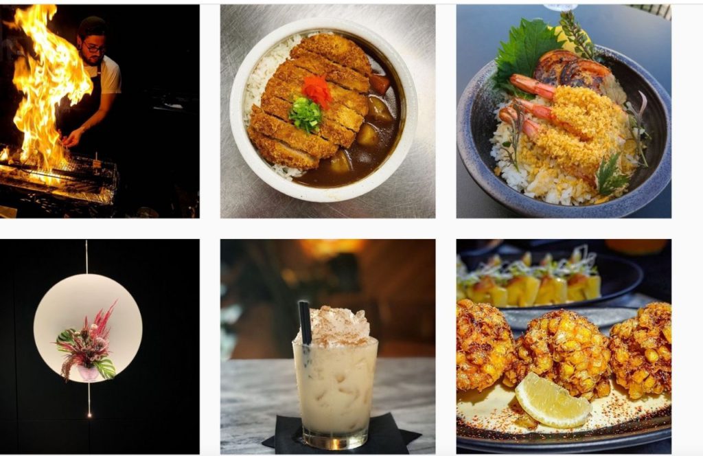 A collage of photos showing a man cooking on a flame and several entrees at Tori Tori in Orlando, Florida. Keep reading for more on the best restaurants in Orlando, Florida. 