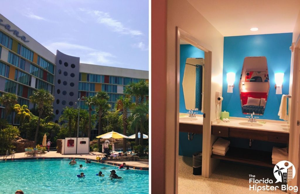 Universal Orlando Cabana Bay Beach Resort Pool area and bathroom. Keep reading to learn more about the best hotels and resorts in Orlando. 