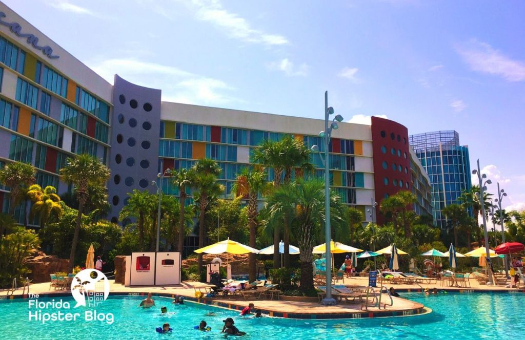 The pool area at Universal Orlando Cabana Bay Beach Resort in Orlando, Florida. Keep reading for more options for where to stay in Orlando, Florida.