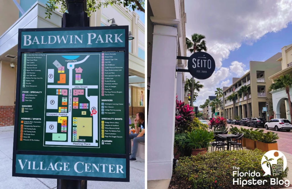 Baldwin Park Neighborhood in Orlando, Florida next to Seito Sushi. Keep reading to get the best 1 day Orlando itinerary and the best things to do in Orlando besides theme parks.