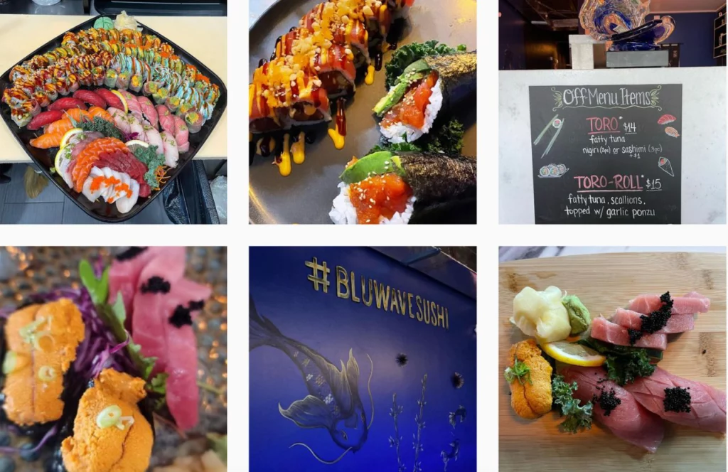 A collage of photos of  sushi platters, entrees, and an interior mural on the Instagram page for BluWave Sushi in Tampa, Florida. Keep reading for more places to get the best sushi in Tampa, Florida. 