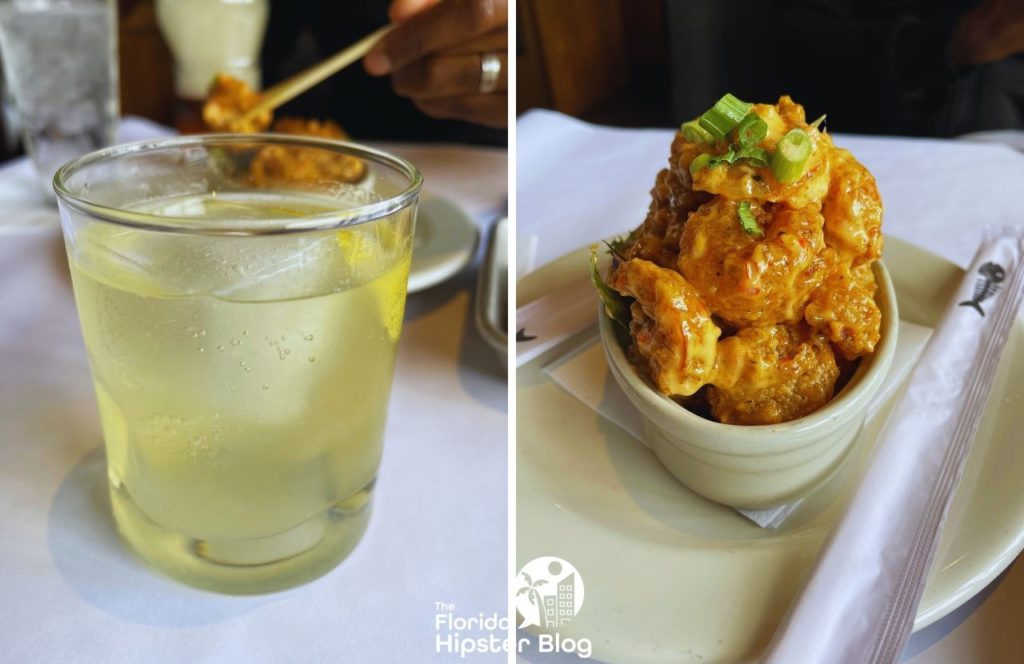 Bonefish Grill Restaurant French 75 cocktail drink next to bang bang shrimp. Keep reading to get the best lunch in Orlando!