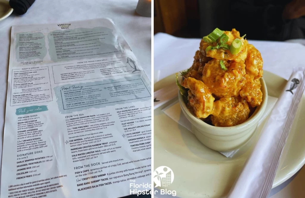 Bonefish Grill Restaurant Menu next to bang bang shrimp. Keep reading to get the best lunch in Orlando!