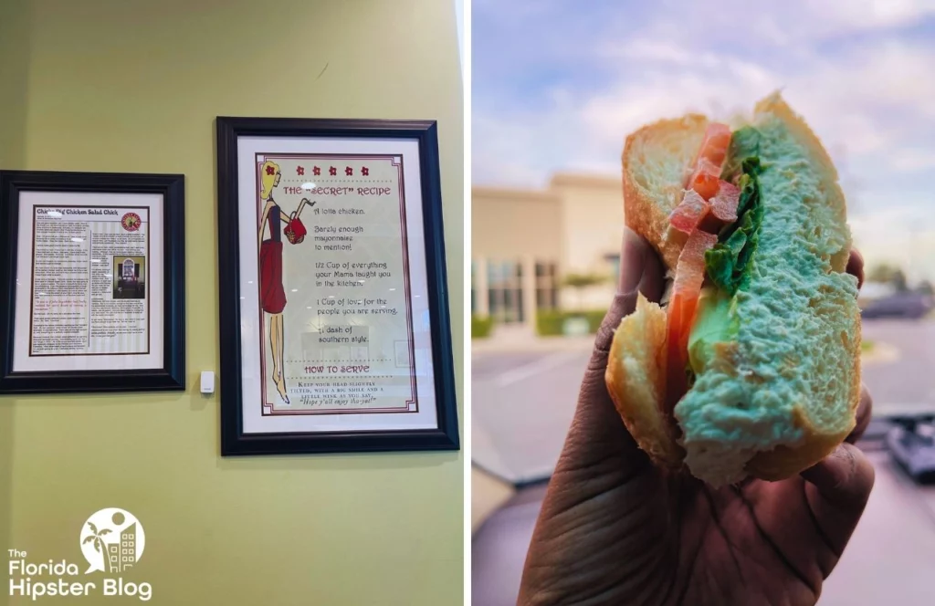 Chicken Salad Chick Restaurant with Dixie Chick poster and chicken salad croissant sandwich. Keep reading to find out the best lunch in Gainesville.