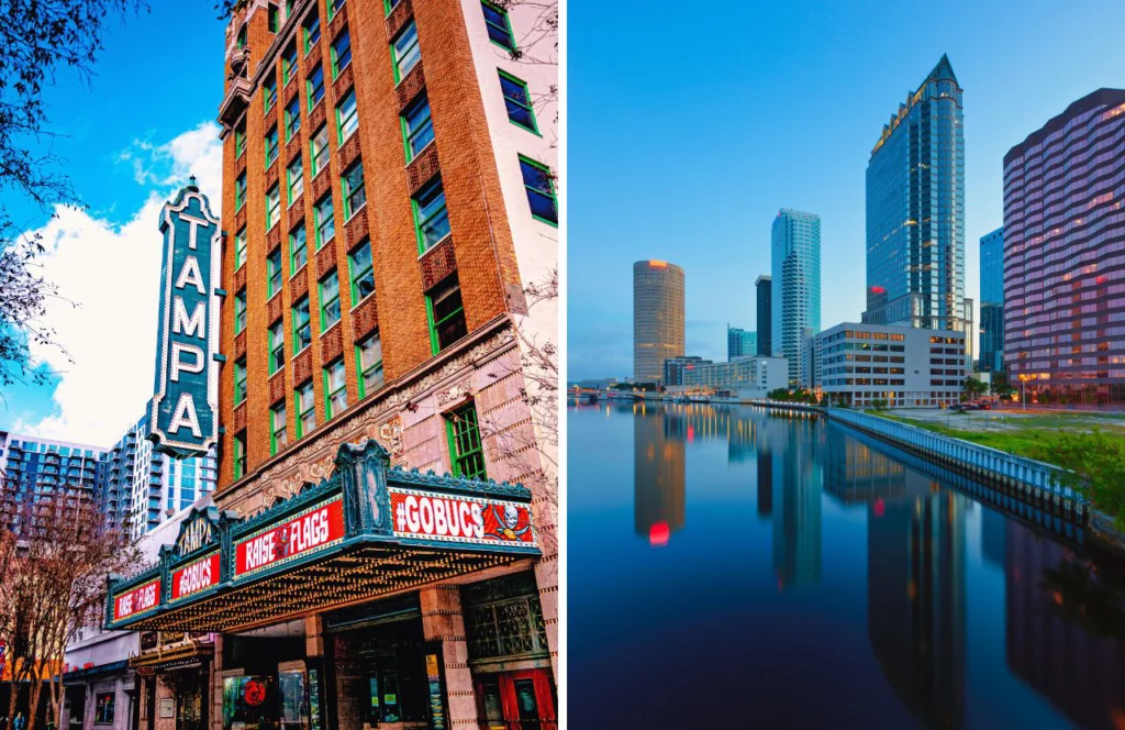 A Go Bucs sign hangs on a building in Tampa, Florida. Another picture shoes the Tampa Bay skyline. Keep reading for more places to take a perfect day trip from Orlando, Florida.