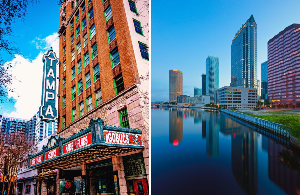 A Go Bucs sign hangs on a building in Tampa, Florida. Another picture shoes the Tampa Bay skyline. Keep reading for more places to take a perfect day trip from Orlando, Florida. 