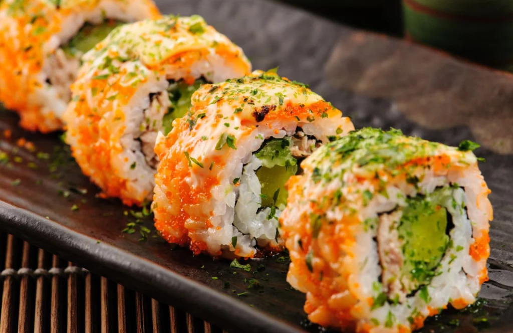 A sushi roll at Ebisu Sushi Shack in Tampa, Florida. Keep reading for more places to get the best sushi in Tampa, Florida.