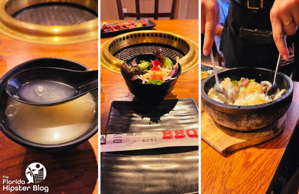 Gyu-Kaku Japanese BBQ Dining Restaurant in Orlando, Florida Miso soup and salad. Keep reading to get the best lunch in Orlando!