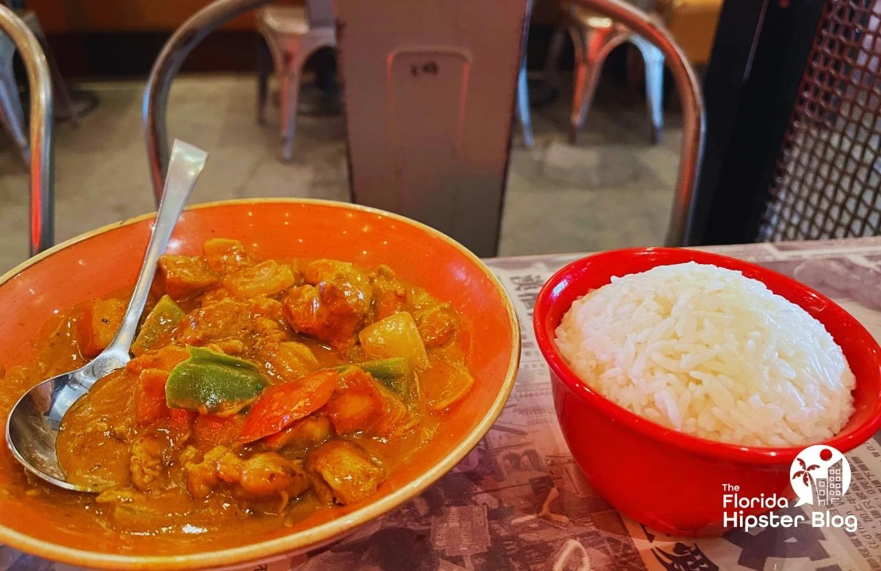 Hawkers Asian Street Food Restaurant in Orlando, Florida Chicken in Curry Sauce with White Rice. Keep reading to get the best lunch in Orlando!