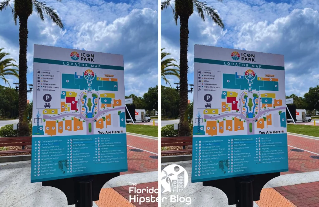 Double photo of the Icon Park Map with palm trees and blue sky in the back ground. Keep reading to get the full guide on romantic getaways in Orlando.