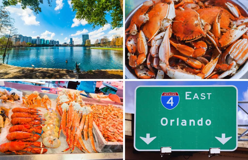 A collage with photos of Lake Eola, crab legs, a crawfish, and an Orlando exit sign. Keep reading for more places to get the best crab legs in Orlando, Florida.