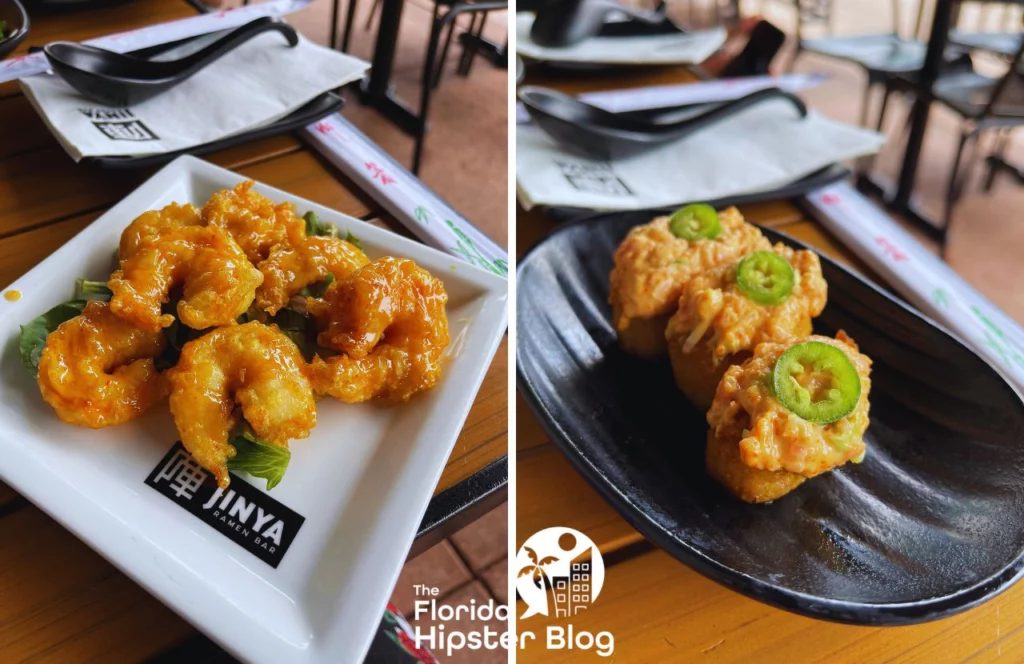 Jinya Ramen Asian Restaurant in Orlando Bang Bang Shrimp next to Crispy Rice with Tuna on Top