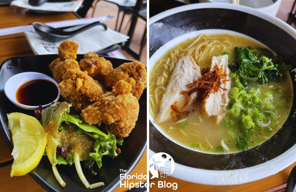 Jinya Ramen Asian Restaurant in Orlando Fried Chicken next to Noodle Bowl. Keep reading to get the best 1 day Orlando itinerary and the best things to do in Orlando besides theme parks.