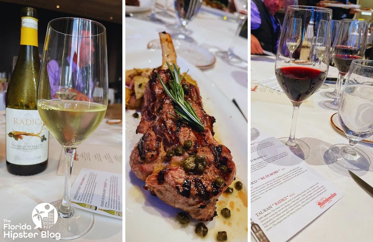 La Luce Restaurant in Orlando, Florida at Signia Hilton Resort dining special event with white wine, red wine and lamb chop