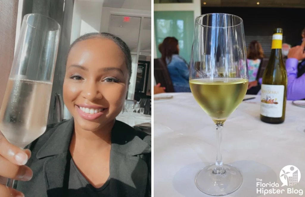 La Luce Restaurant in Orlando, Florida at Signia Hilton Resort with NikkyJ drinking white wine at special event. Keep reading to find out more about the best restaurants in Orlando at Hilton Signia Hotel and Waldorf Astoria. 