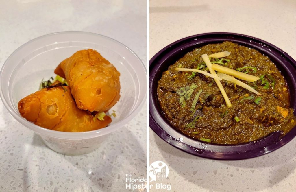 Naan Stop Restaurant in Orlando, Florida Vegetable Samosa next to Chicken Saag. Keep reading to get the best lunch in Orlando!