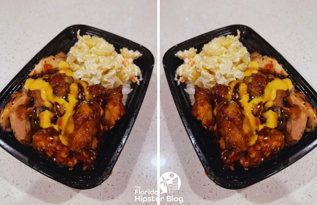 Poke Hana Restaurant in Orlando teriyaki Chicken with Macaroni Salad. Keep reading to get the best lunch in Orlando!