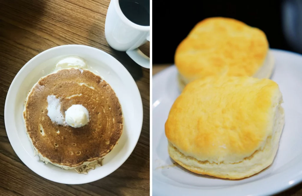 Rodeo Diner Kissimmee Florida Large Pancake with Butter on Top and Coffee next to Buttery Biscuits