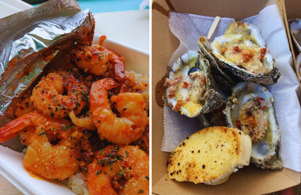 Shrimp with Old Bay next to Oyster Rockefeller. Keep reading to discover what to do in Cape San Blas.  