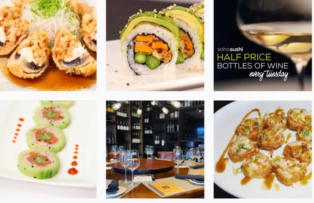 A collage of photos of the interior and dishes offered at Soho Sushi in Tampa, Florida. Keep reading for more places to get the best sushi in Tampa, Florida. 