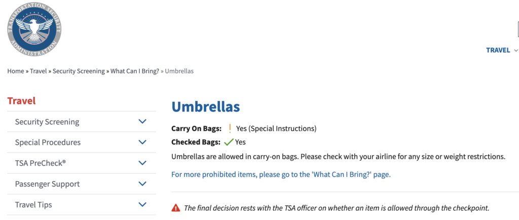 TSa Umbrella Guidelines Screenshot