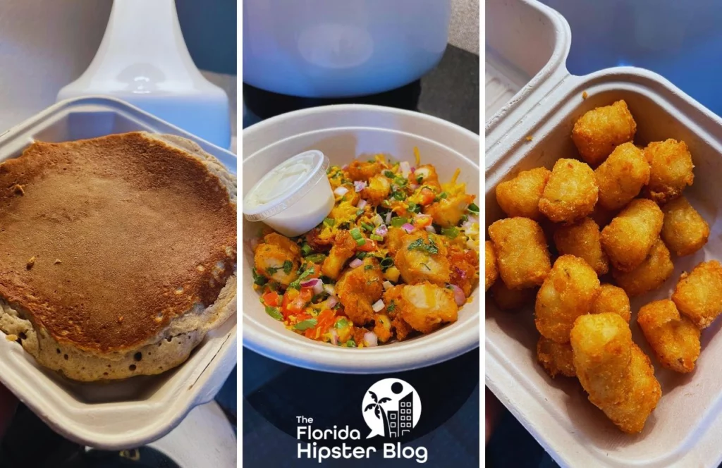 Things to do in Tampa Bay, Florida Daily Eats Diner Pancake and chicken salad next to tater tots. Keep reading to learn about the best breakfast in Tampa.