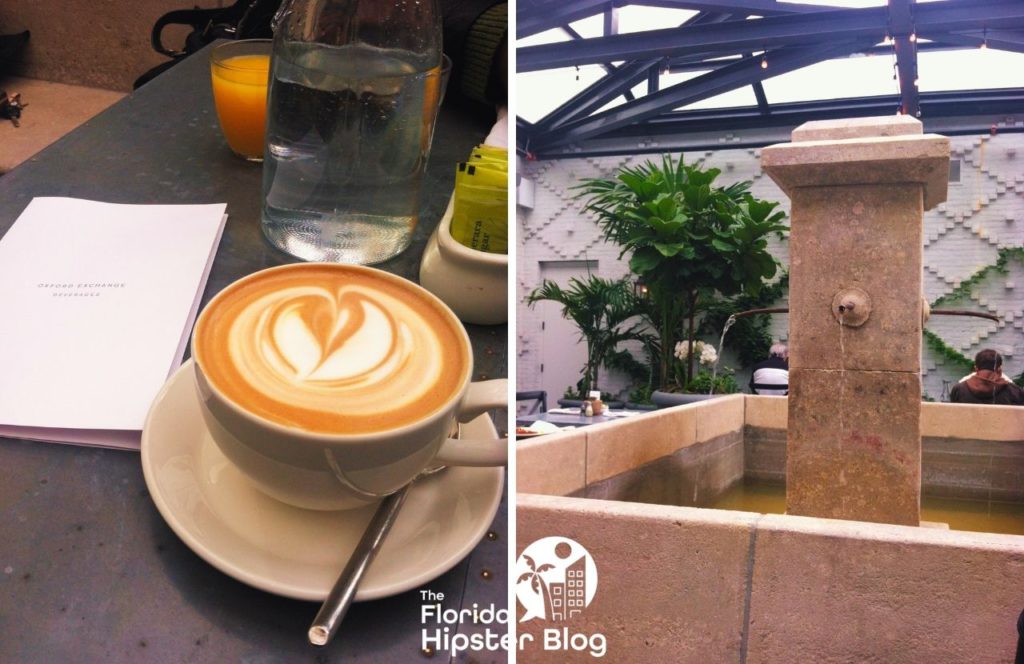 Cappucina at Oxford Exchange Coffee and Tea Shop and interior and sitting area. Keep reading to find out more about the best coffee in Tampa. 