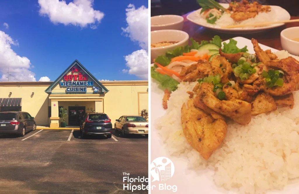 Things to do in Tampa Bay, Florida Pho Quyen Vietnamese Restaurant entrance with Chicken Curry on Top of White Rice. Keep reading to get the best lunch in Tampa, Florida recommendations.