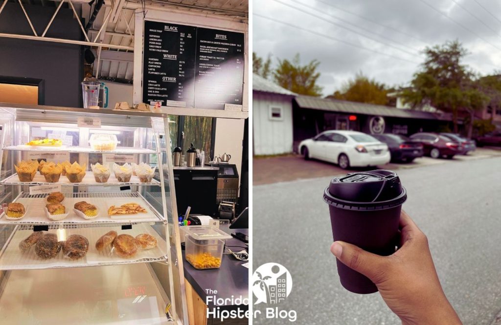 The Lab Coffee interior with baked goods and menu and another photo of a to go coffee with the exterior of The Lab Coffee in the background. Keep reading to find out where to get the best coffee in Tampa. 