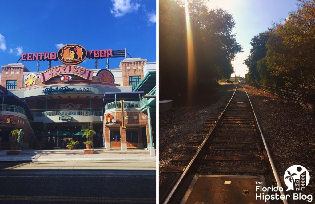 Ybor City Centro vintage sign and train tracks running through the trees. Keep reading to get more Gainesville daytrip ideas.