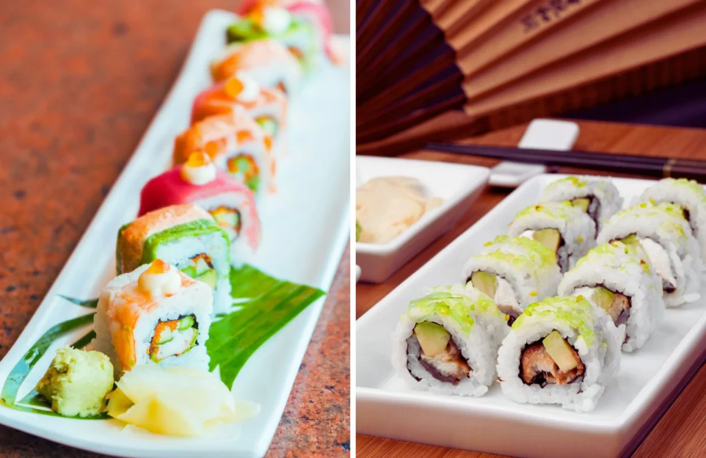 Two photos of sushi rolls sit side-by-side at Umami Sushi in Tampa, Florida. Keep reading for more places to get the best sushi in Tampa, Florida. 