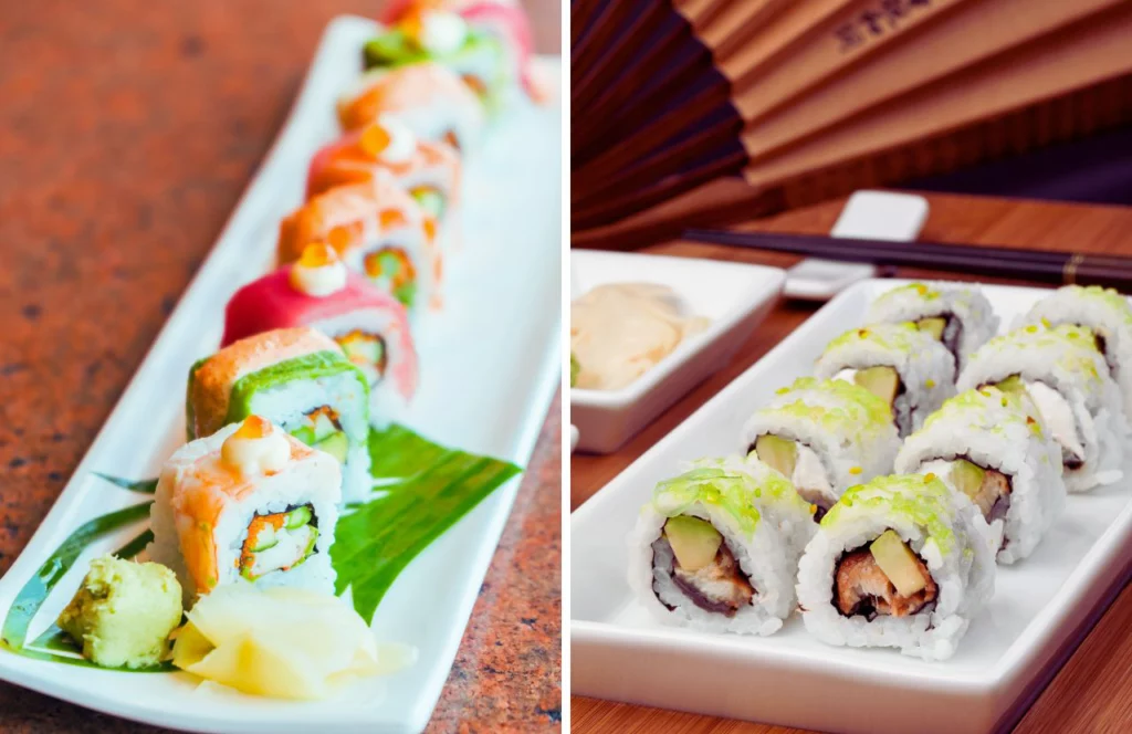 Two photos of sushi rolls sit side-by-side at Umami Sushi in Tampa, Florida. Keep reading for more places to get the best sushi in Tampa, Florida.